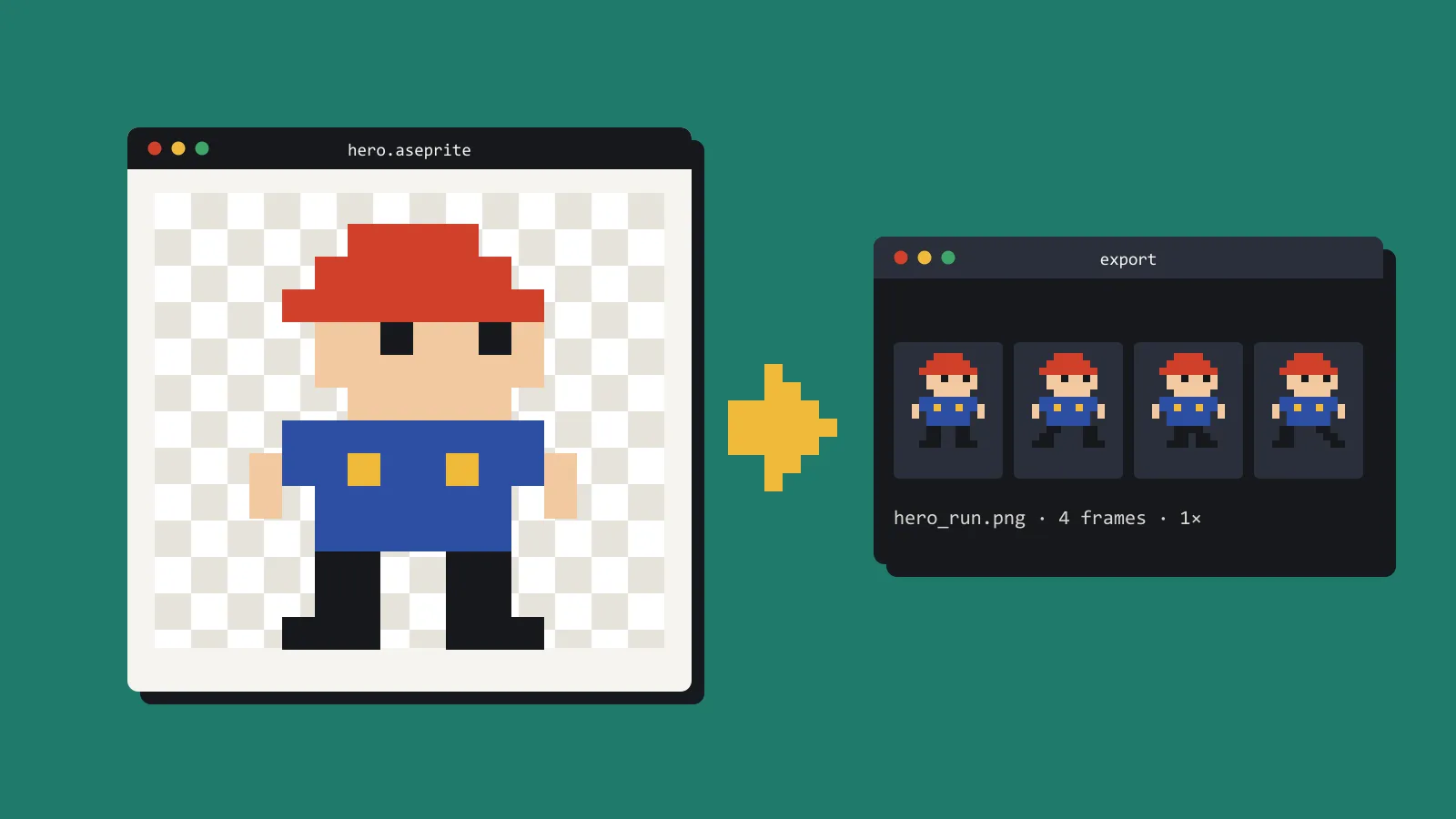 A pixel-art character in an Aseprite canvas, exported as a four-frame run cycle.