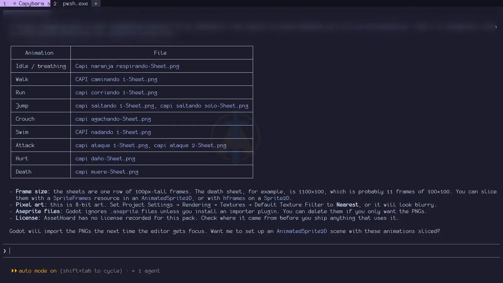 Claude Code listing the nine capybara animation sheets it exported from an AssetHoard library into a Godot project, with a note that no licence is recorded for the pack. Claude Code listing the nine capybara animation sheets it exported from an AssetHoard library into a Godot project, with a note that no licence is recorded for the pack.