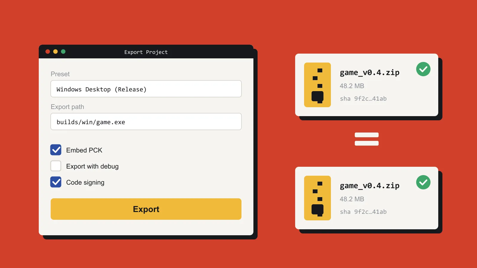 An export dialog beside two identical build zips with matching sizes and checksums.