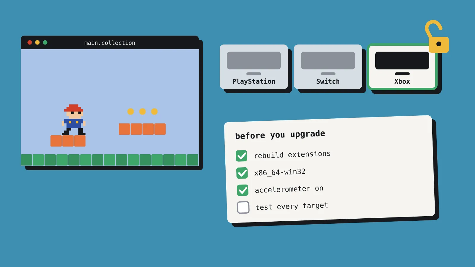 A small editor window showing a 2D scene with a pixel-art character on platforms, next to three console build-target cards labelled PlayStation, Switch and Xbox. The Xbox card has a padlock swinging open. Below them, a short upgrade checklist with three items ticked and one still empty. A small editor window showing a 2D scene with a pixel-art character on platforms, next to three console build-target cards labelled PlayStation, Switch and Xbox. The Xbox card has a padlock swinging open. Below them, a short upgrade checklist with three items ticked and one still empty.