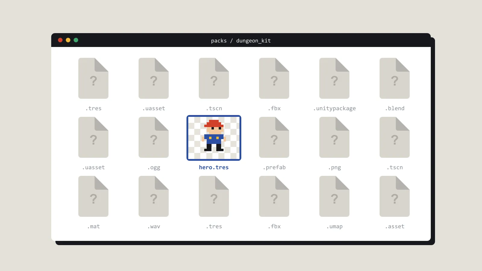 A file browser full of blank engine files, with one previewed sprite highlighted.