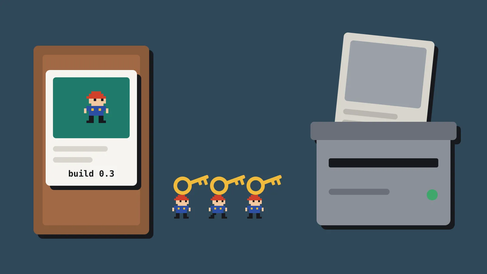 A game build card on a wooden door, with three pixel-art testers holding keys waiting beside it. On the right, a grey copier with a blurred copy of the card sliding out of the top. A game build card on a wooden door, with three pixel-art testers holding keys waiting beside it. On the right, a grey copier with a blurred copy of the card sliding out of the top.