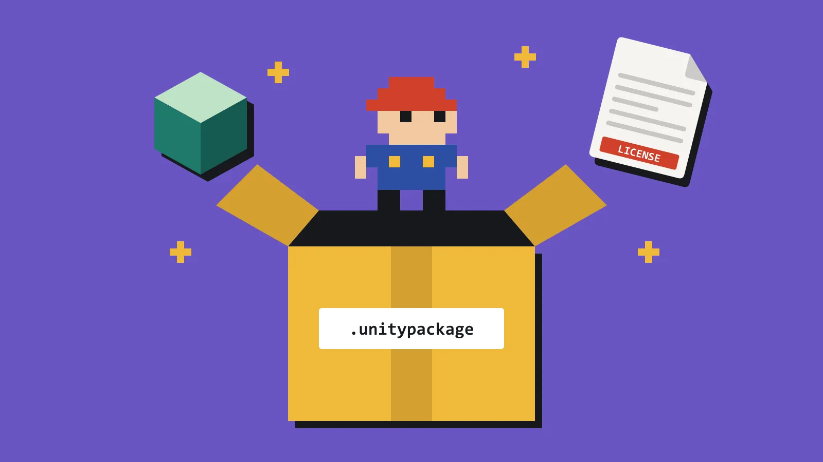 An opened .unitypackage box spilling out an oversized pixel character, a demo cube, and a licence file.