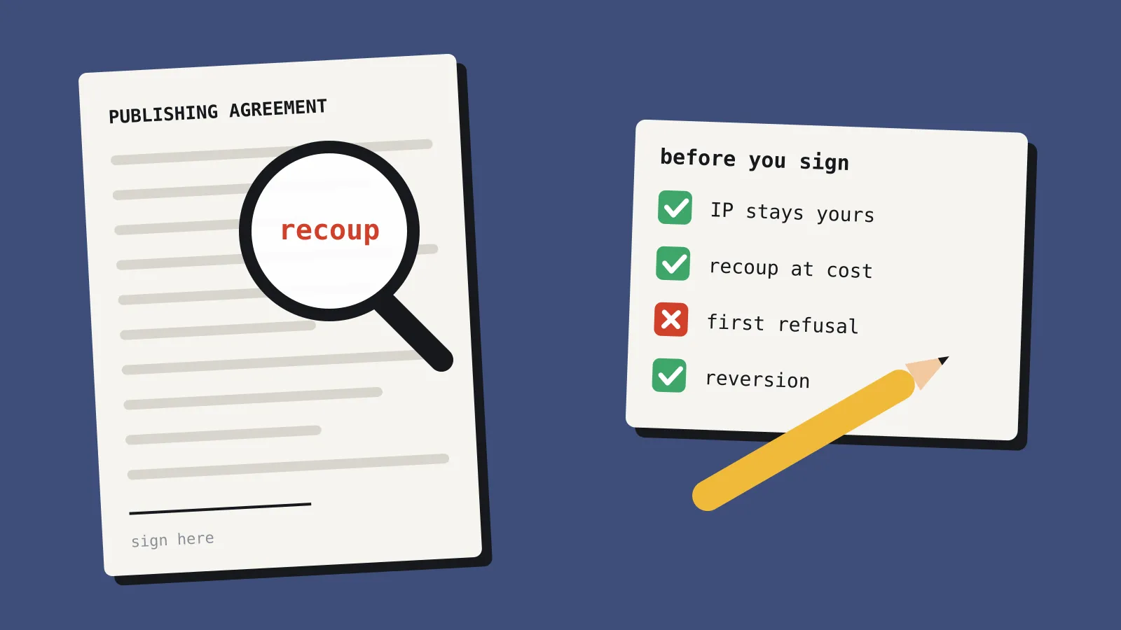 A long publishing agreement with a magnifying glass over the word recoup, beside a before you sign checklist with ticked and crossed items and a pencil.