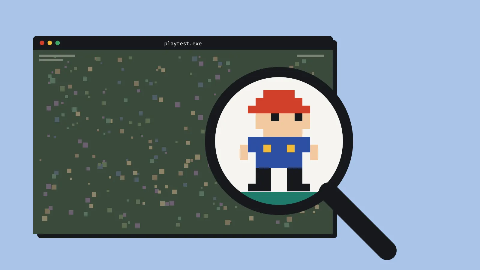 A magnifying glass revealing a clear character in a noisy, unreadable game screen.
