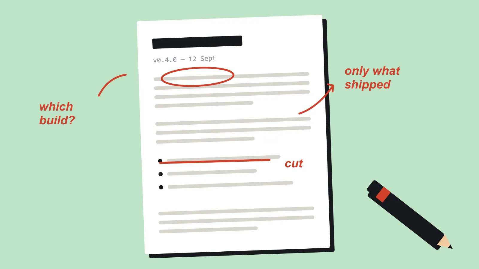 A release note page marked up in red pen with margin notes.