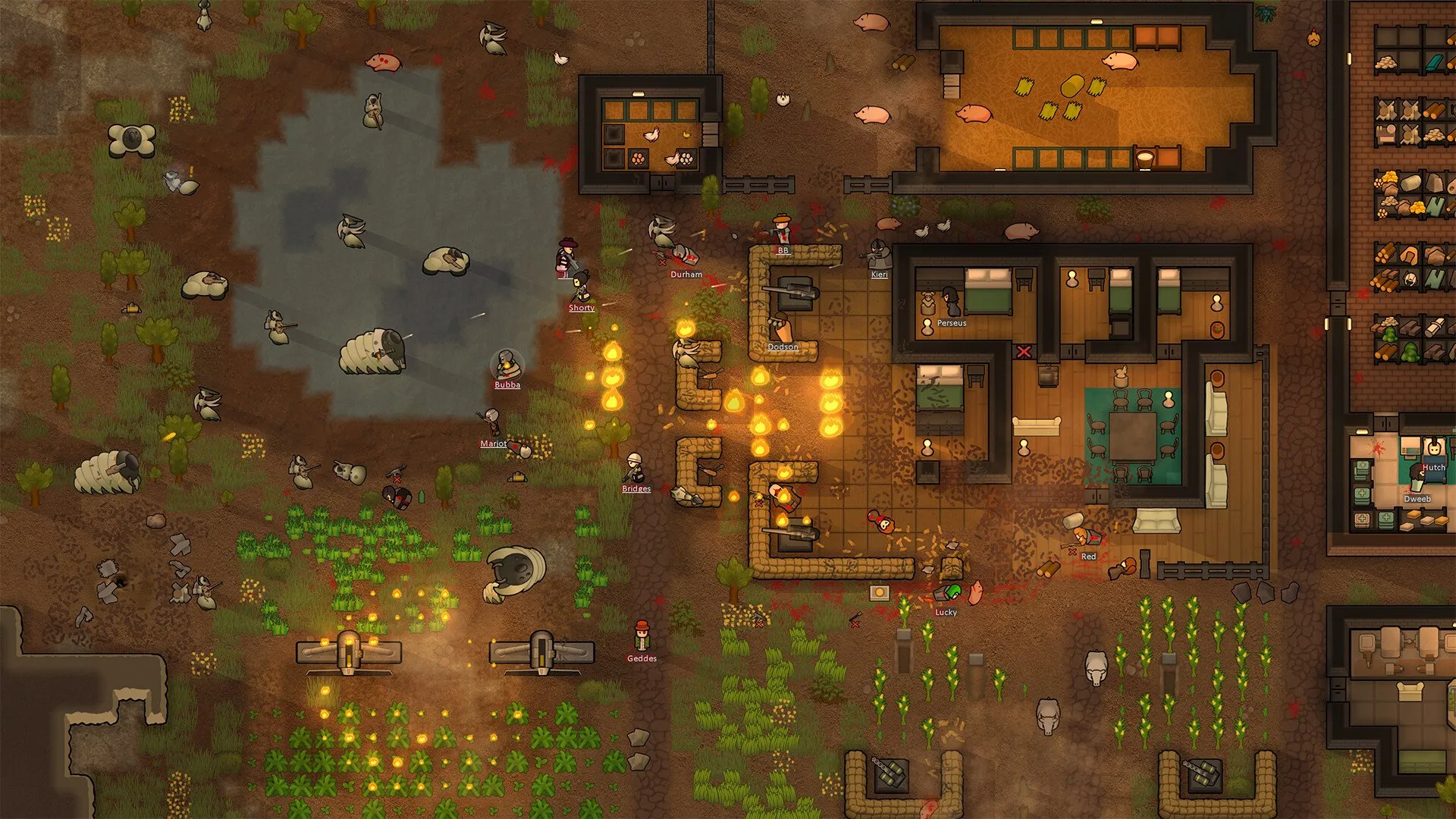 A RimWorld colony seen from above under attack, with colonists firing from sandbag cover, fires burning near the walls, and crops, animal pens and stockpiles around the base.