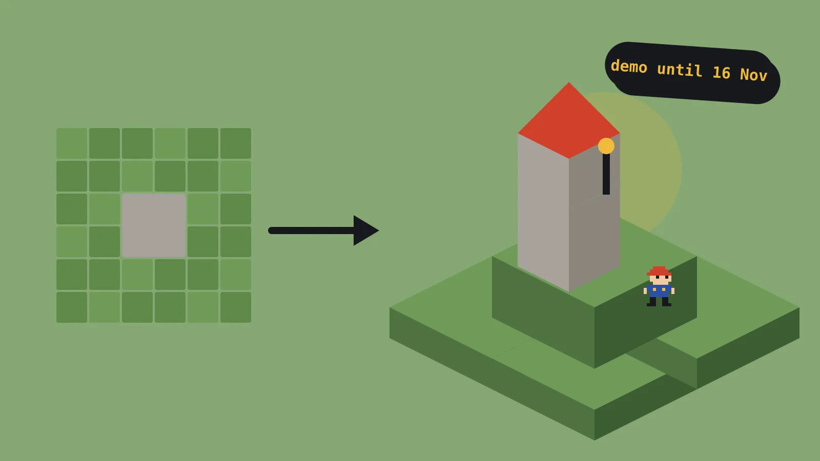 A flat grid of map tiles on the left lifting into a layered, isometric-style scene on the right, with raised ledges, a two-storey building, a lamp glow and a small pixel-art hero. A tag reads demo until 16 Nov. A flat grid of map tiles on the left lifting into a layered, isometric-style scene on the right, with raised ledges, a two-storey building, a lamp glow and a small pixel-art hero. A tag reads demo until 16 Nov.