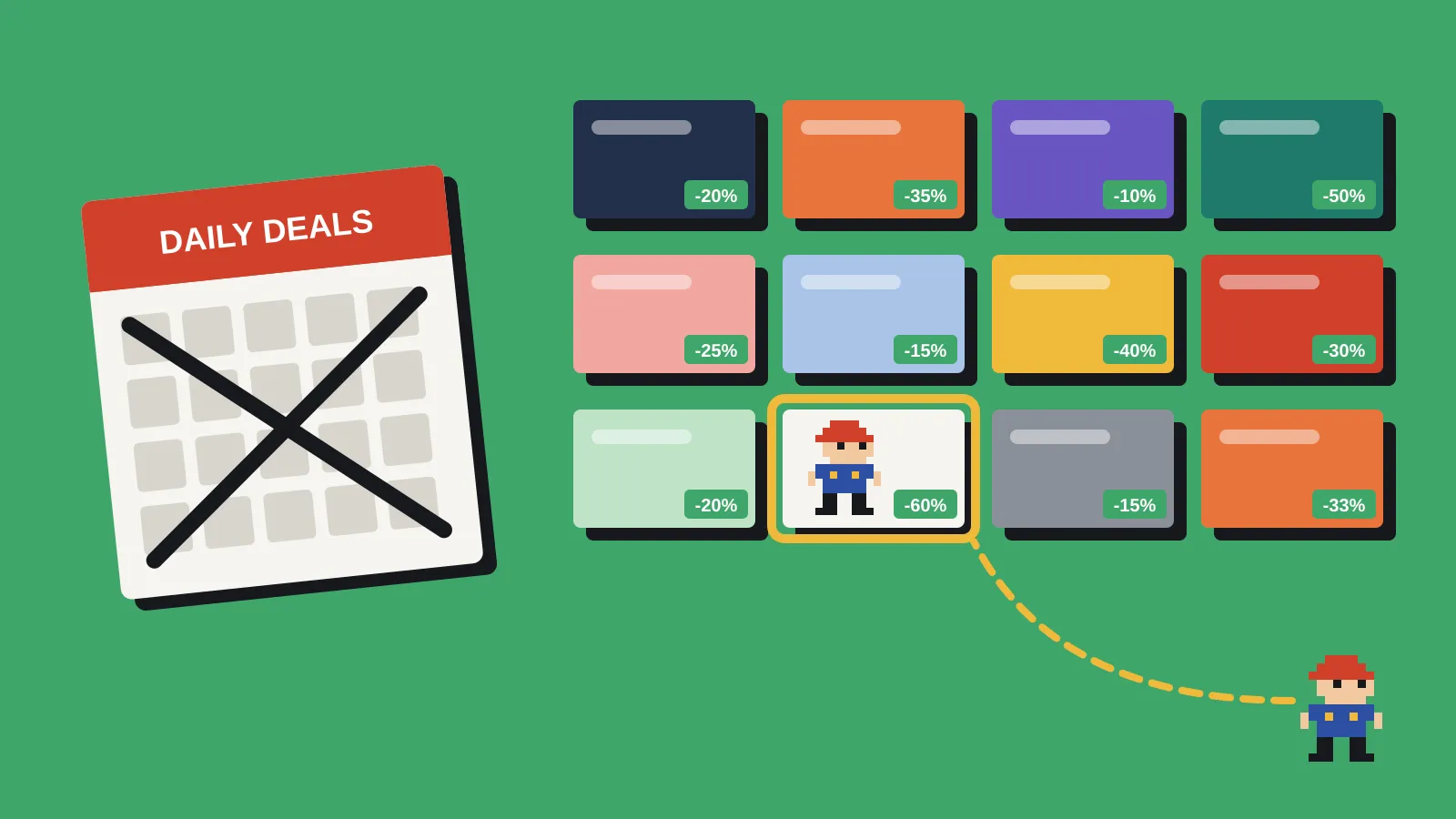 A store grid of game capsules with discount badges, a crossed-out deals calendar to one side, and a spotlight picking out one small game for one player.