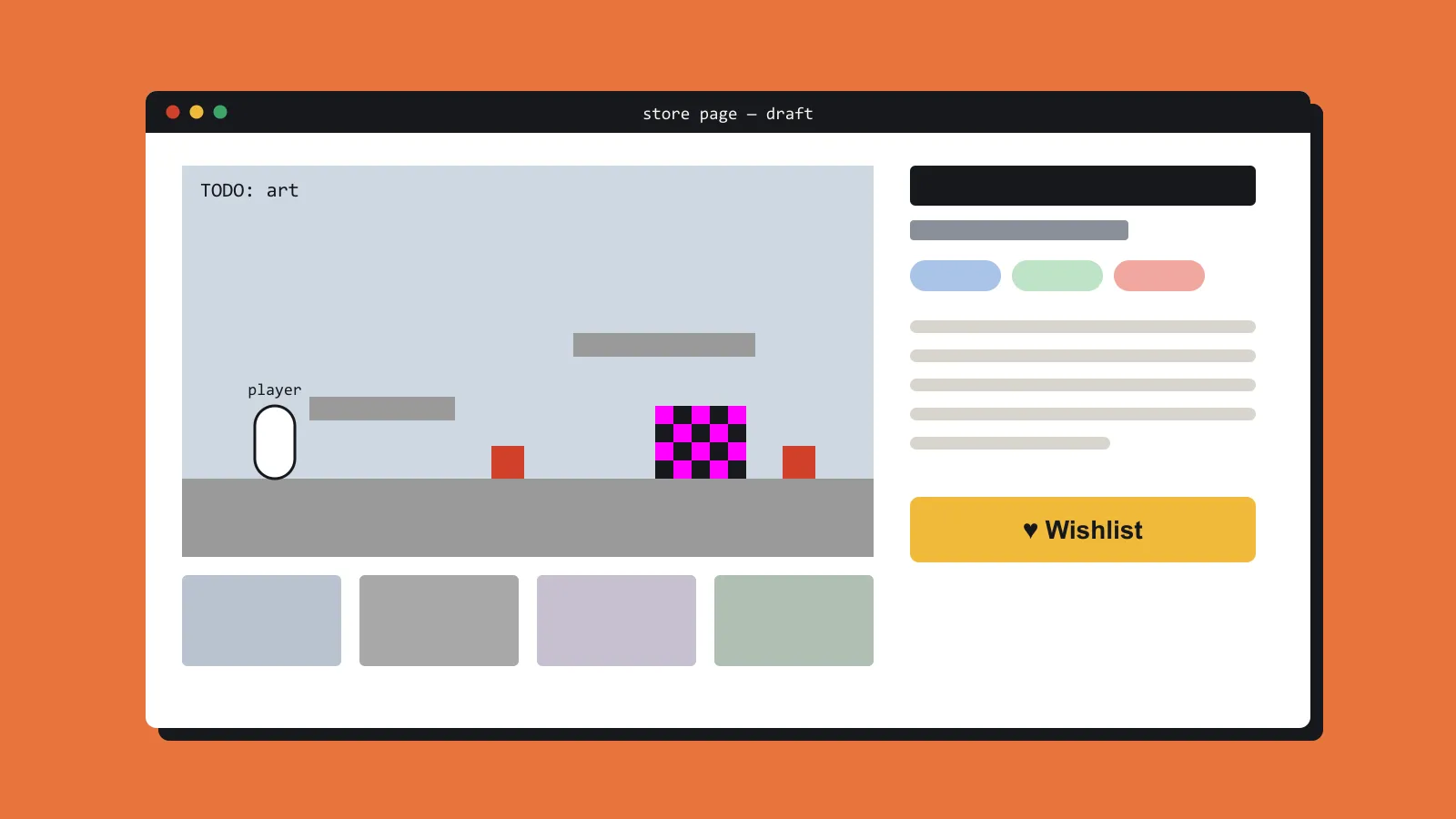 A draft store page using greybox screenshots and a missing-texture block, with a Wishlist button.
