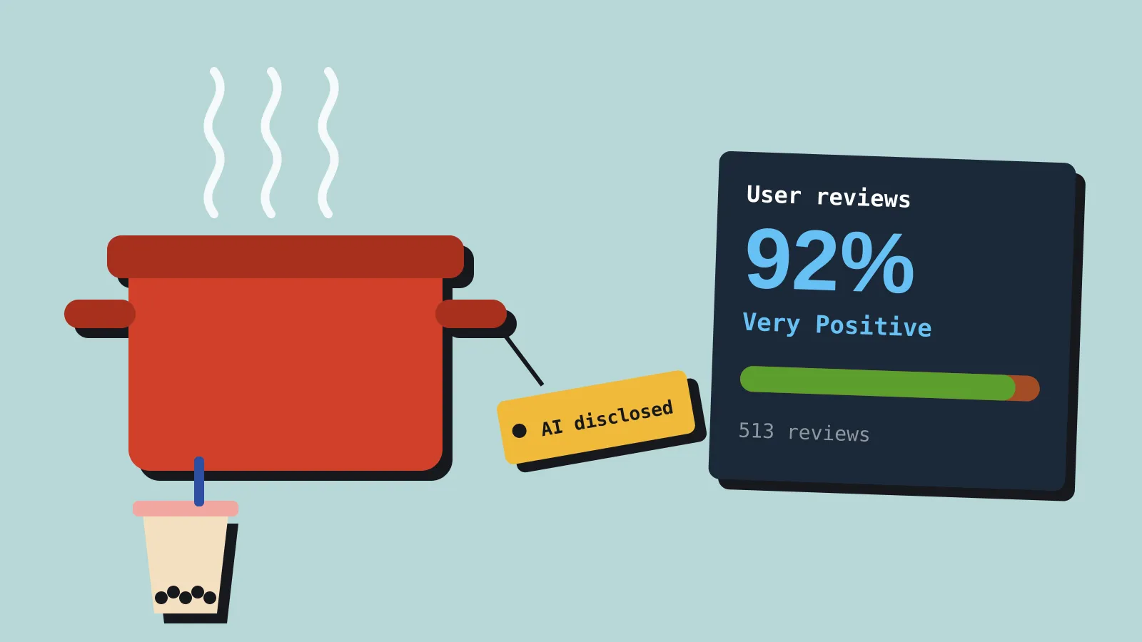 A steaming red cooking pot and a bubble tea cup, with a yellow tag reading AI disclosed tied to the pot's handle. Beside them, a store review panel showing 92% Very Positive from 513 reviews. A steaming red cooking pot and a bubble tea cup, with a yellow tag reading AI disclosed tied to the pot's handle. Beside them, a store review panel showing 92% Very Positive from 513 reviews.