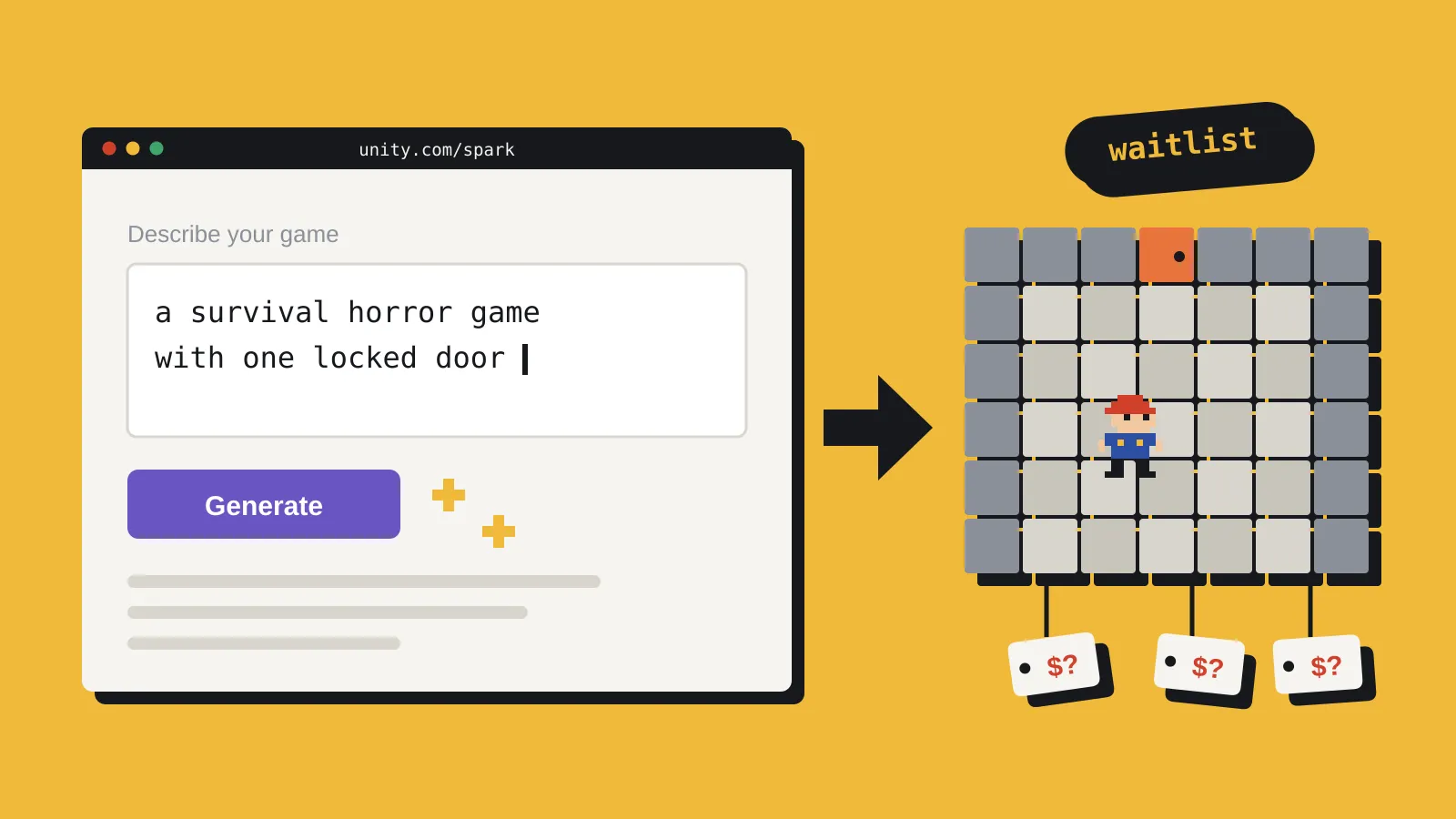 A browser window labelled Unity Spark with a typed prompt for a survival horror game, an arrow to a small dungeon scene built from asset tiles, and price tags with question marks hanging off the tiles. A browser window labelled Unity Spark with a typed prompt for a survival horror game, an arrow to a small dungeon scene built from asset tiles, and price tags with question marks hanging off the tiles.