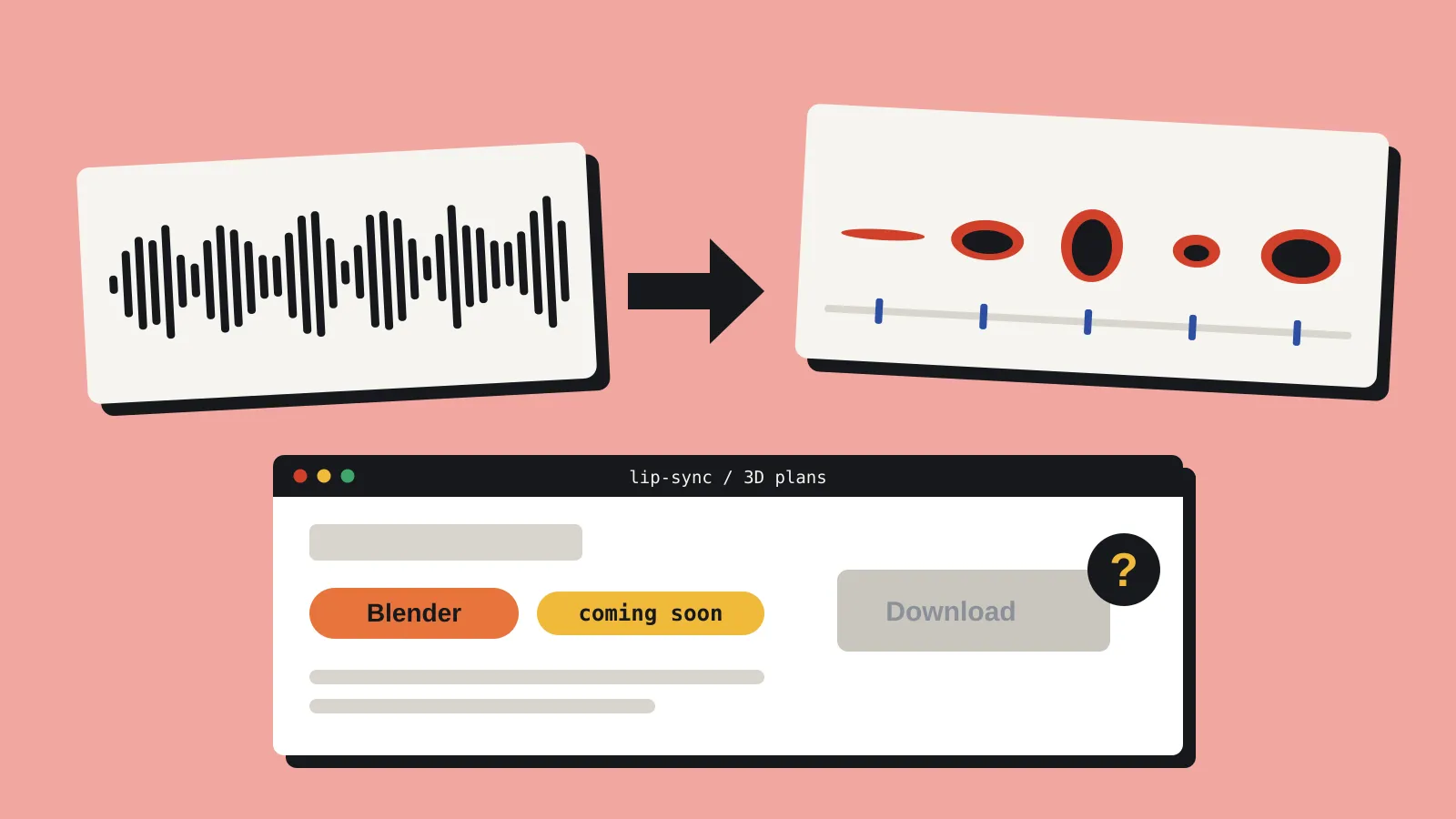 A sound waveform with an arrow pointing to a timeline of cartoon mouth shapes, above a product page where a Blender badge sits next to a coming soon label and a greyed-out download button with a question mark. A sound waveform with an arrow pointing to a timeline of cartoon mouth shapes, above a product page where a Blender badge sits next to a coming soon label and a greyed-out download button with a question mark.