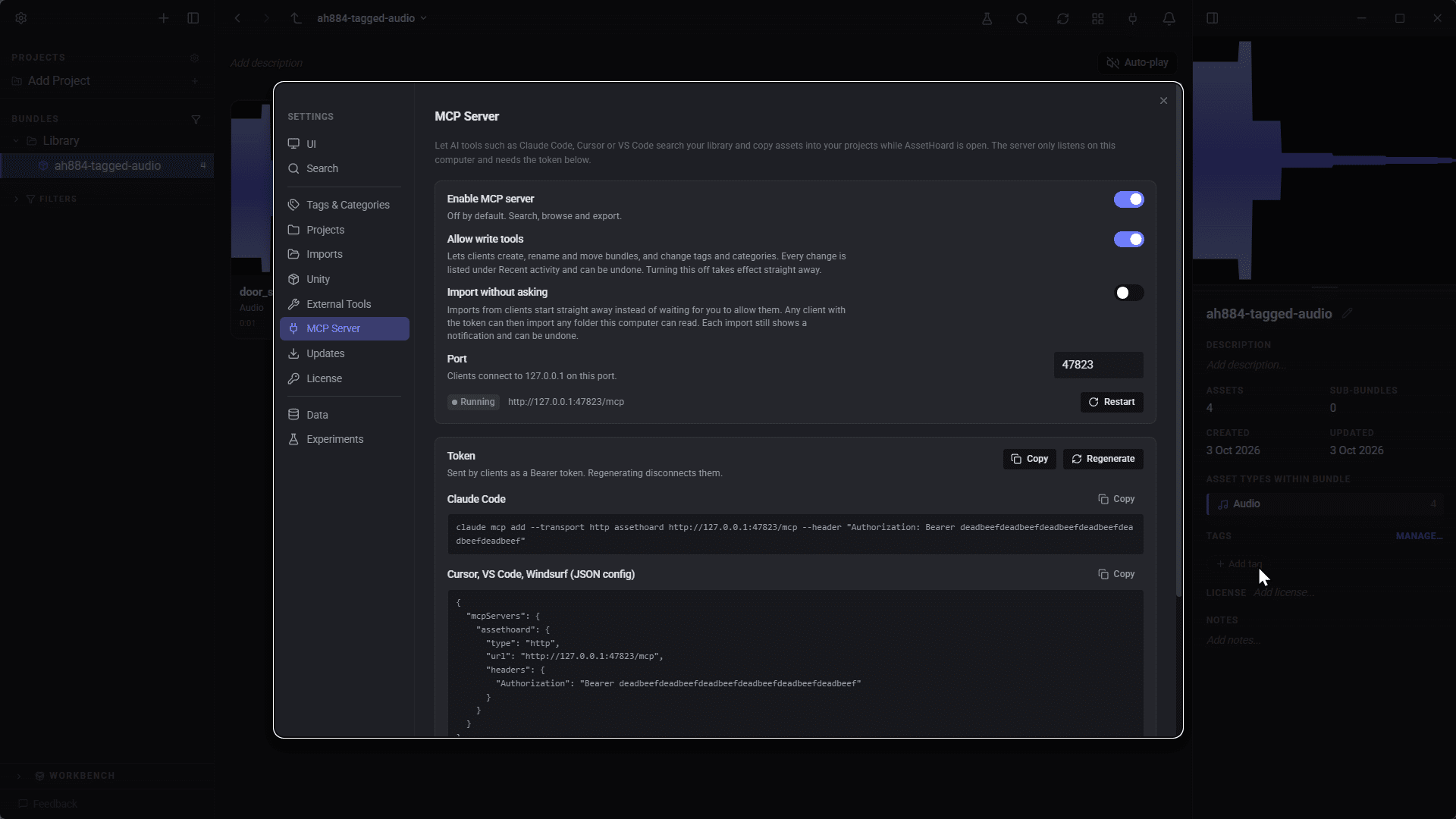 AssetHoard’s Settings, MCP Server page, with the server running on port 47823 and ready-made setup snippets for Claude Code and other clients.