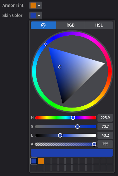 A Bevy colour input widget open as a popup, with a colour wheel, RGB and HSL tabs, hue, saturation, lightness and alpha sliders, and a grid of recent colours.