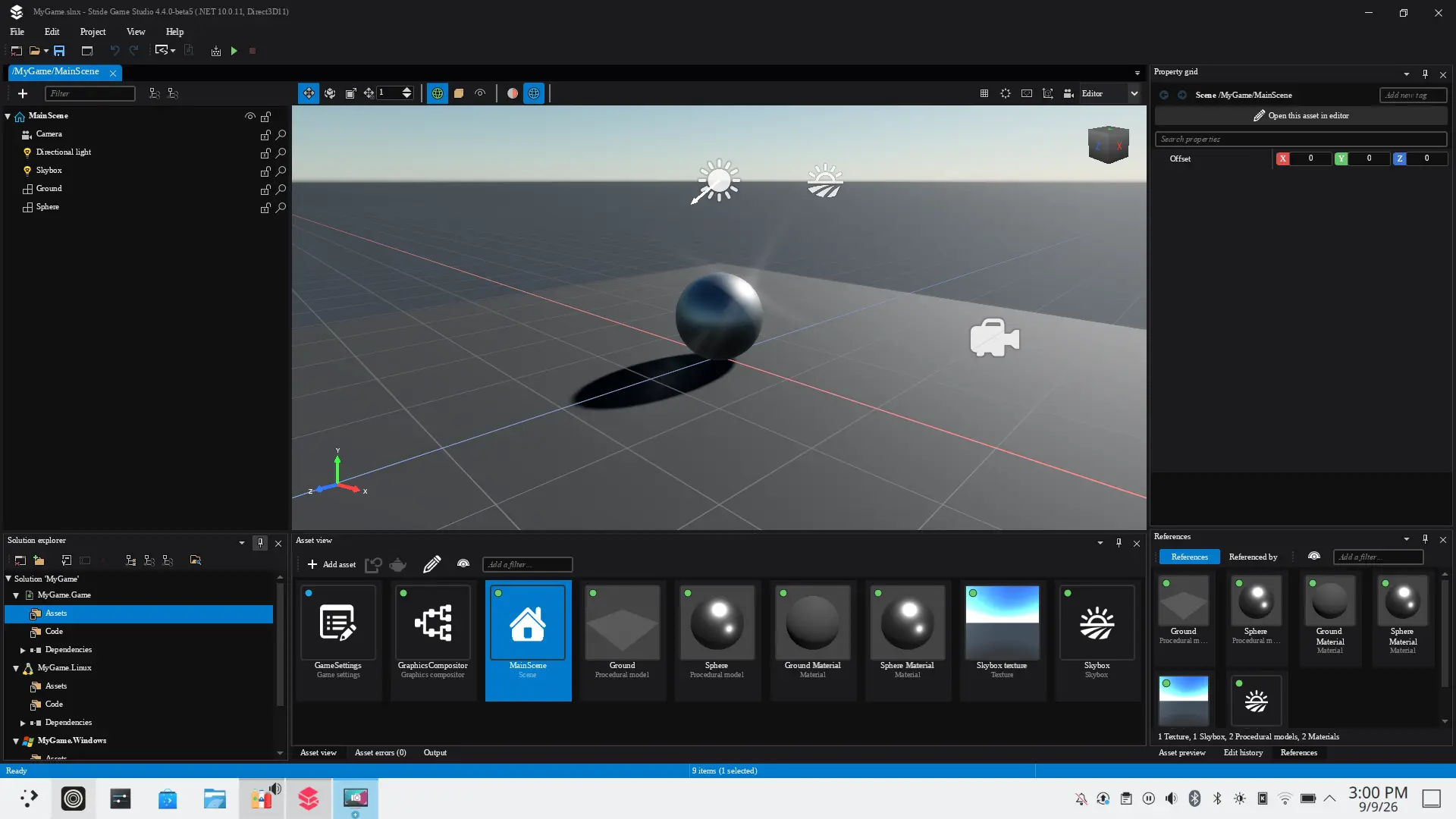 Stride Game Studio 4.4 on a Linux desktop, showing a scene with a sphere, skybox and directional light, the asset view, solution explorer and property grid.