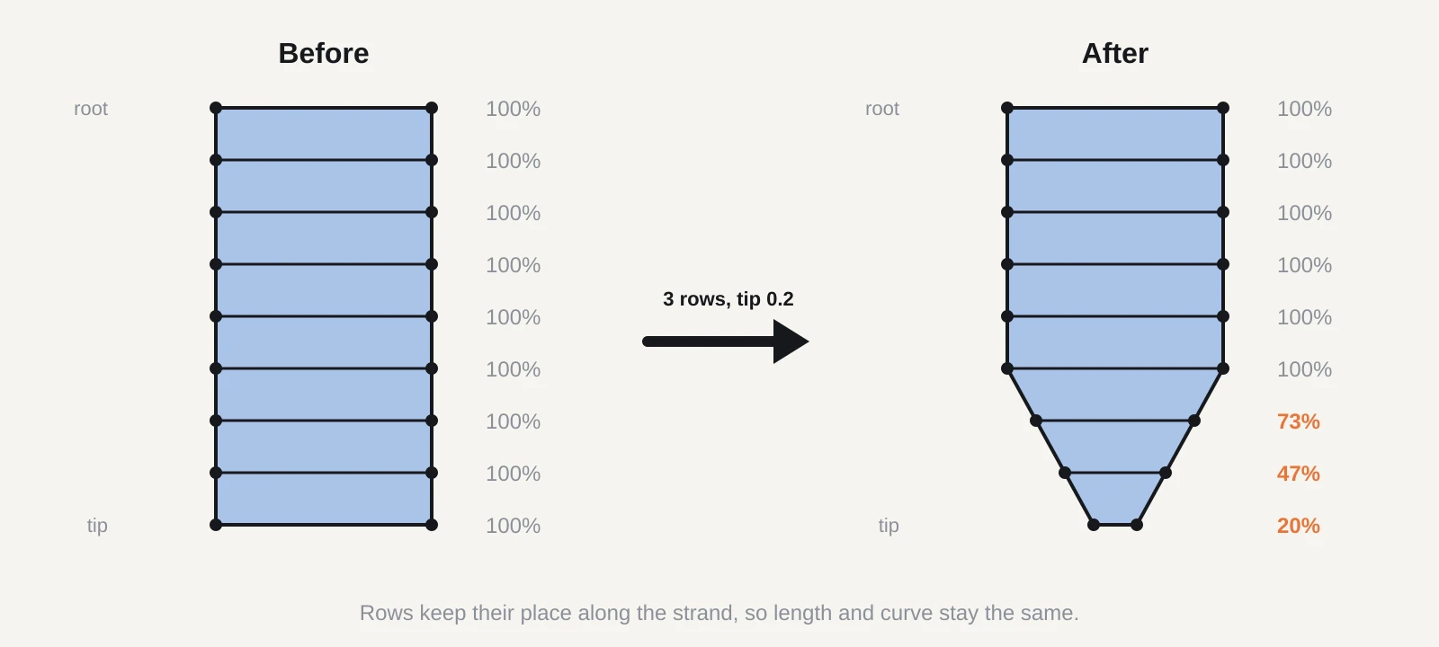 Diagram of one hair strand as a grid of vertex rows from root to tip. Before: every row is the same width. After running MT Hair Taper with three influence rows and a tip thickness of 0.2: the tip row shrinks to 20 per cent width and the two rows behind it blend back towards full width, while the strand's length stays the same.