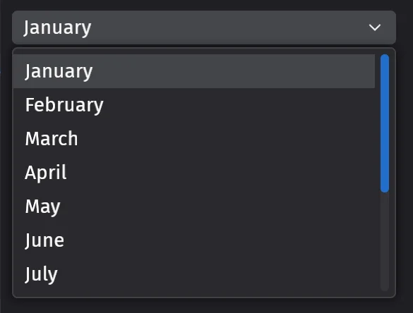A Bevy Feathers dropdown menu open over a dark panel, listing the months January to July with a blue scrollbar.