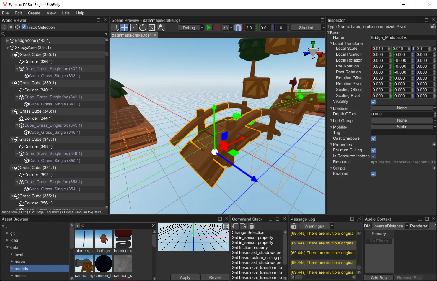 The FyroxEd editor with a level from Fish Folly open: a scene tree on the left, a 3D viewport with a selected wooden bridge and move gizmo in the middle, an inspector on the right, and an asset browser, command stack and message log along the bottom.