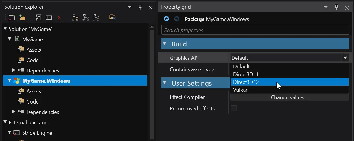 Game Studio's solution explorer with the MyGame.Windows package selected, and the property grid's Graphics API dropdown open showing Default, Direct3D11, Direct3D12 and Vulkan.